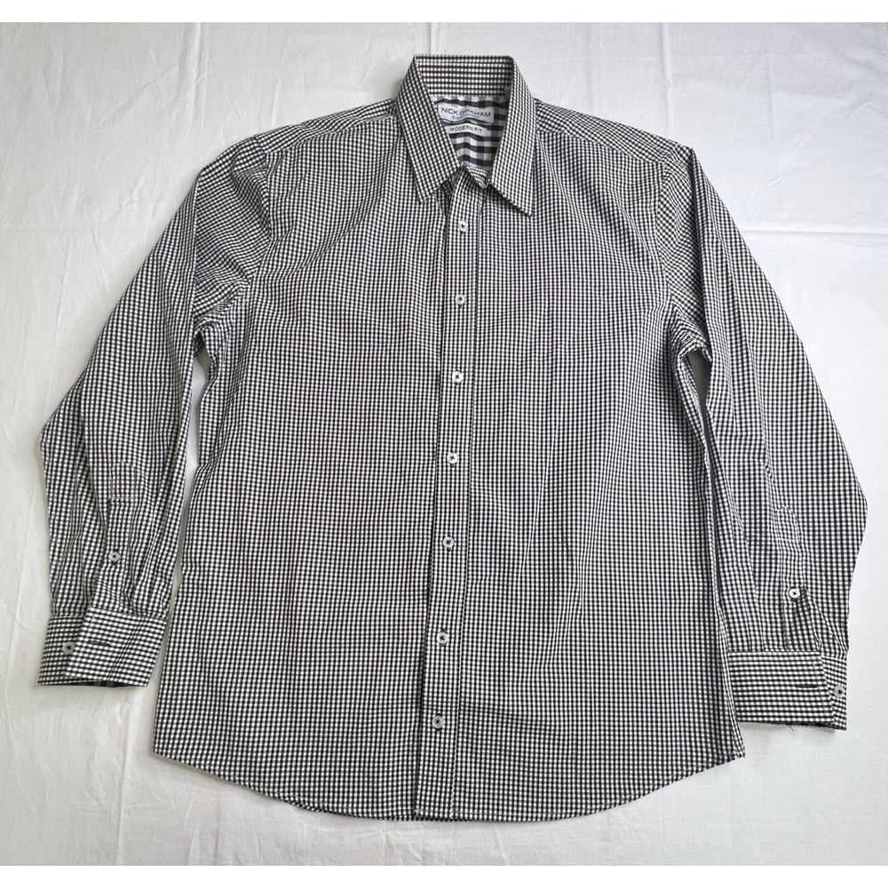 Nick Graham Everywhere Black Gingham‎ Check Modern Fit Long Sleeve Shirt Large